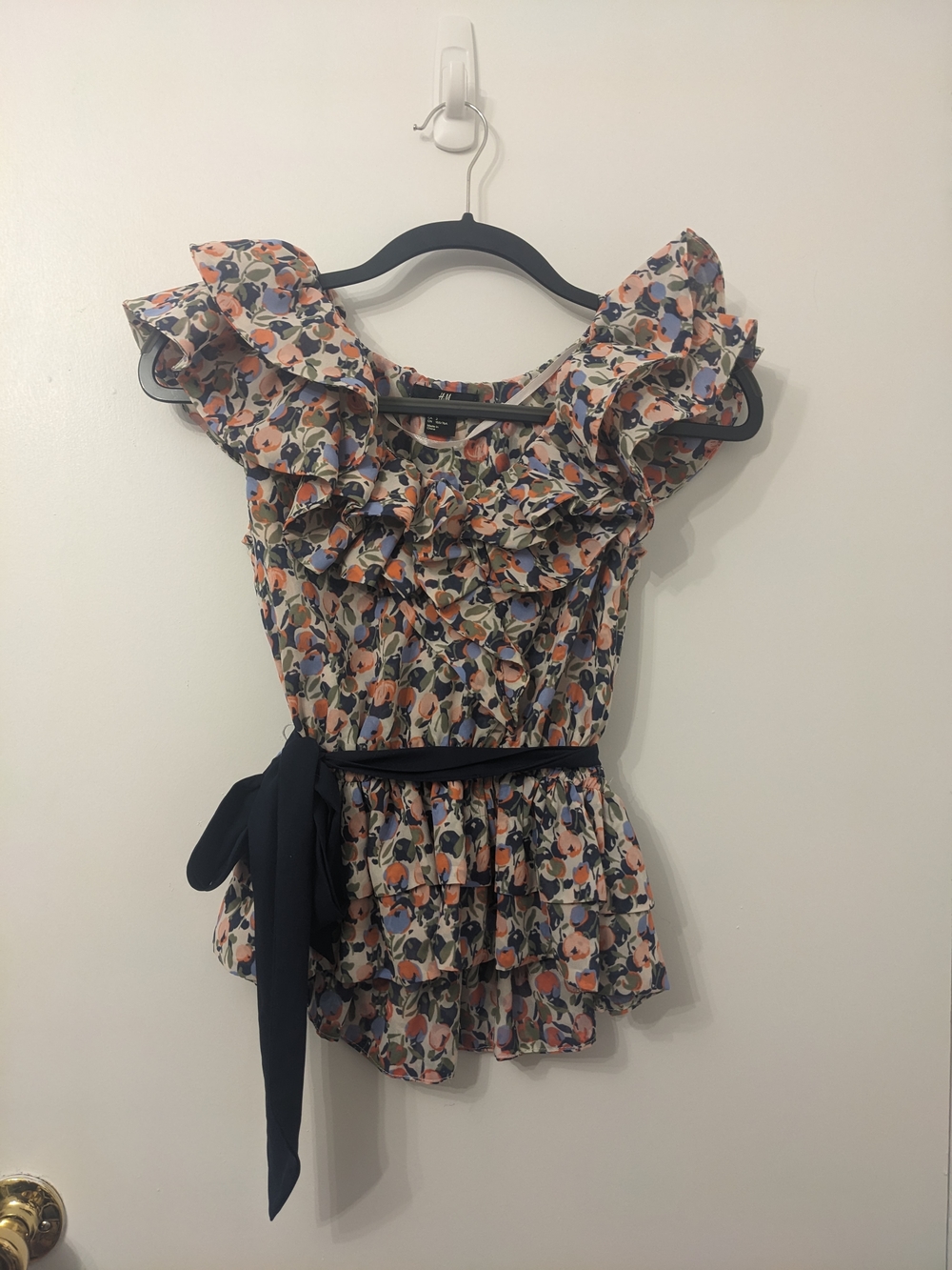 H&M Floral Multicolored Ruffled Blouse with Peplum and Tied Waist in Size 2